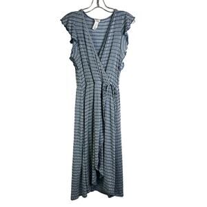 Caution To The Wind Midi Dress Womens M Blue Faux Wrap‎ Stretch V-Neck Summer